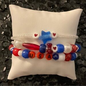 handmade stacking stretchy USA bracelets red, white, blue